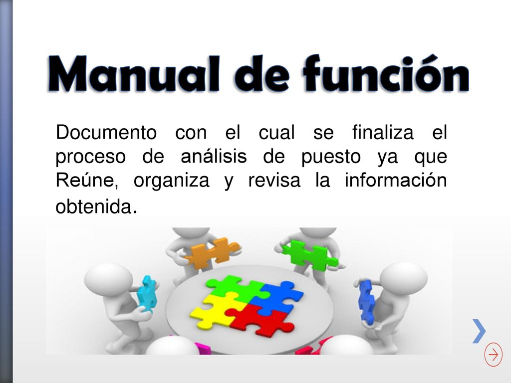 Manual de función Documento con el cual se finaliza el proceso de análisis de puesto ya que Reúne, organiza y revisa la información obtenida.