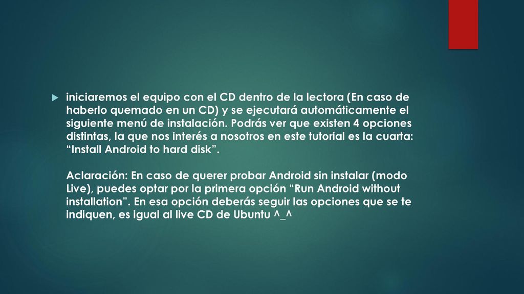 iniciaremos el equipo con el CD dentro de la lectora (En caso de haberlo quemado en un CD) y se ejecutará automáticamente el siguiente menú de instalación.