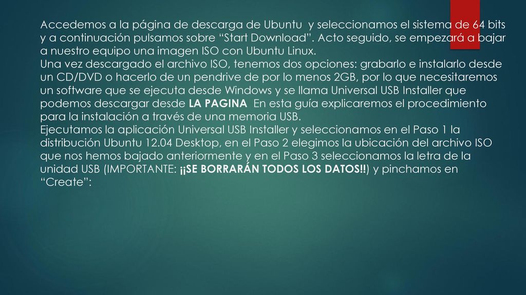 Accedemos a la página de descarga de Ubuntu y seleccionamos el sistema de 64 bits y a continuación pulsamos sobre Start Download .
