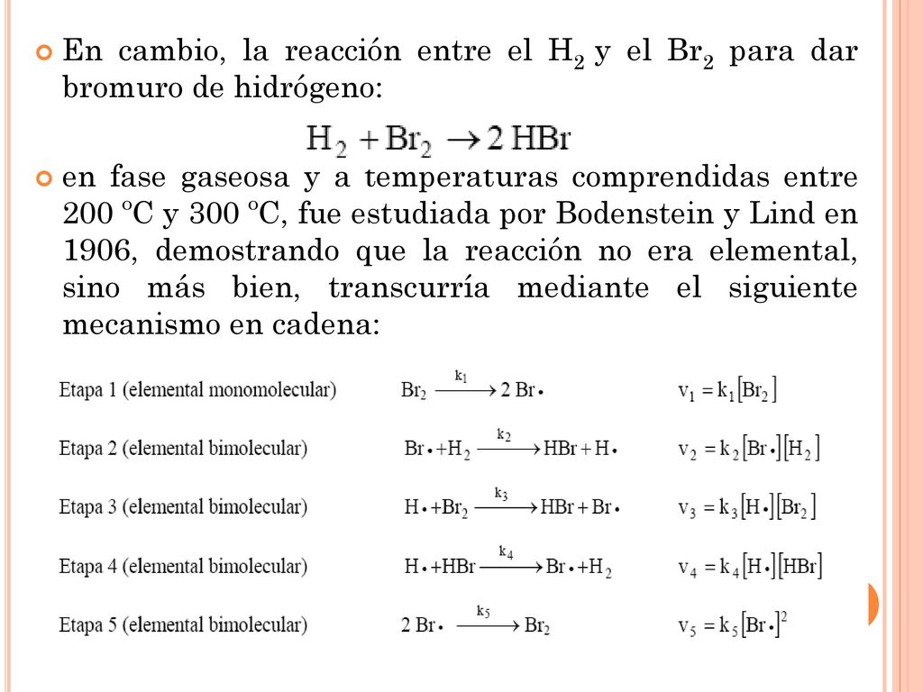 En cambio, la reacción entre el H2 y el Br2 para dar bromuro de hidrógeno: