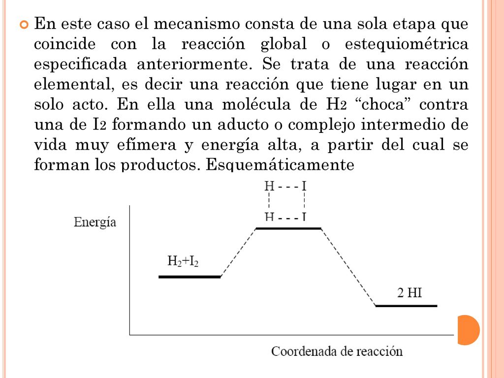 En este caso el mecanismo consta de una sola etapa que coincide con la reacción global o estequiométrica especificada anteriormente.