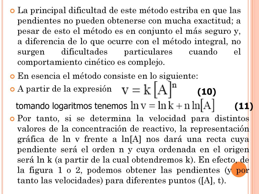 La principal dificultad de este método estriba en que las pendientes no pueden obtenerse con mucha exactitud; a pesar de esto el método es en conjunto el más seguro y, a diferencia de lo que ocurre con el método integral, no surgen dificultades particulares cuando el comportamiento cinético es complejo.