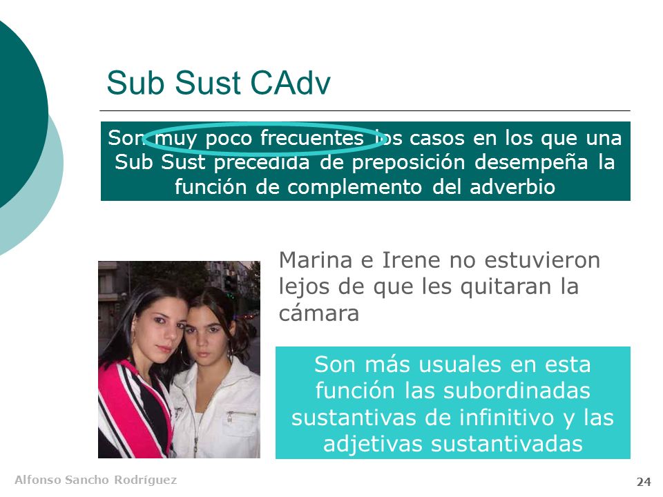 Sub Sust CAdv Son muy poco frecuentes los casos en los que una Sub Sust precedida de preposición desempeña la función de complemento del adverbio.