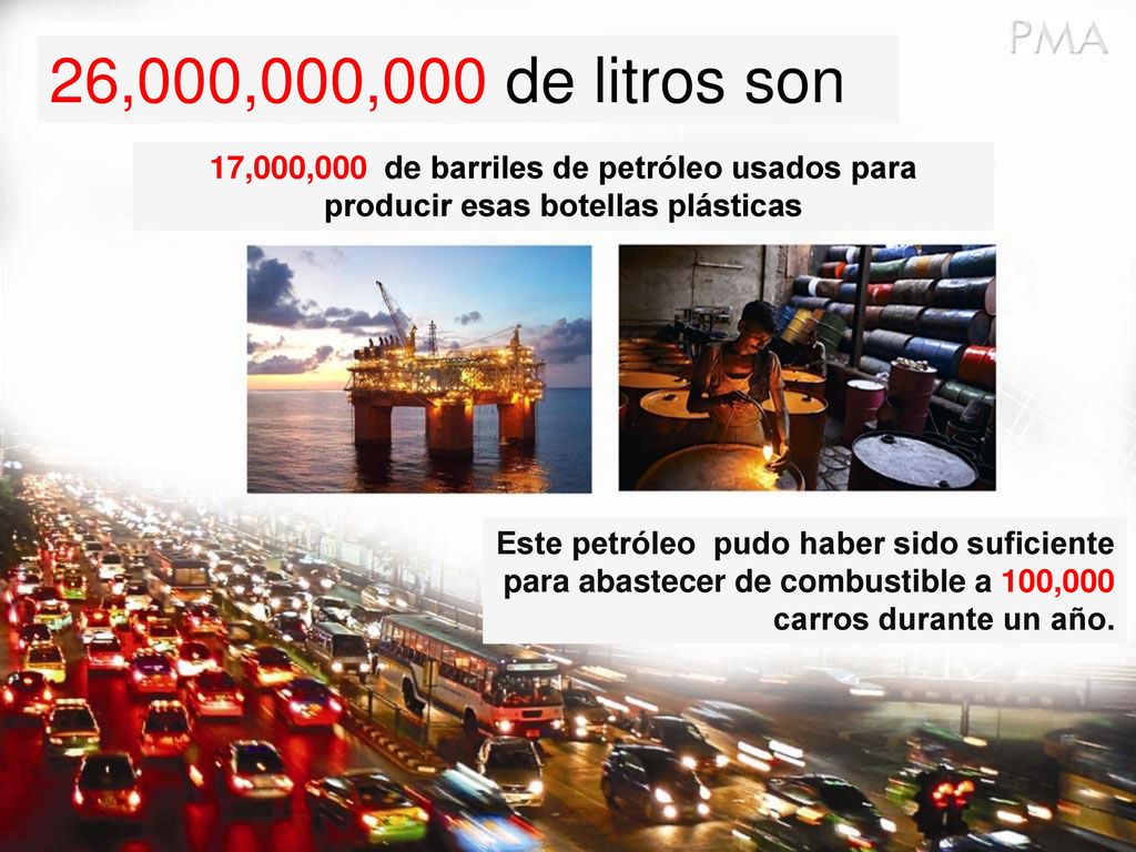 26,000,000,000 de litros son 17,000,000 de barriles de petróleo usados para producir esas botellas plásticas.