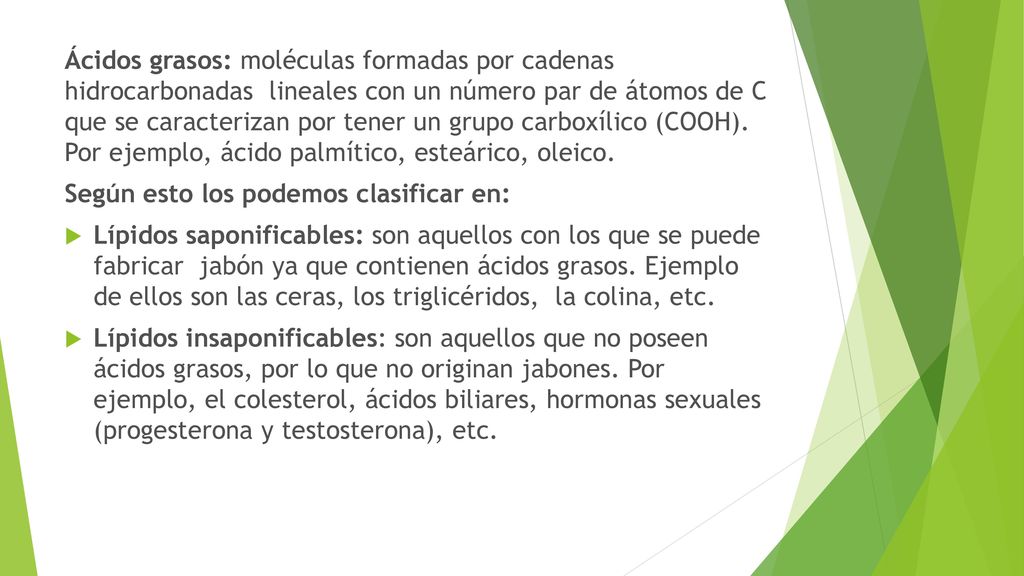 Ácidos grasos: moléculas formadas por cadenas hidrocarbonadas lineales con un número par de átomos de C que se caracterizan por tener un grupo carboxílico (COOH). Por ejemplo, ácido palmítico, esteárico, oleico.