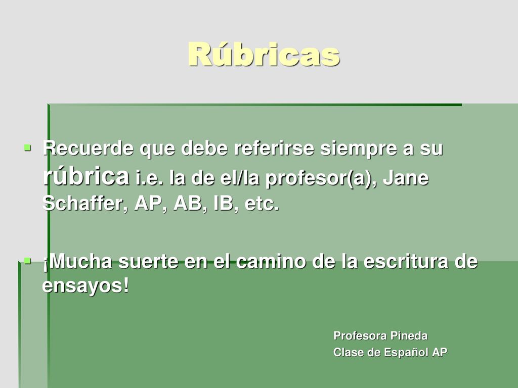 Rúbricas Recuerde que debe referirse siempre a su rúbrica i.e. la de el/la profesor(a), Jane Schaffer, AP, AB, IB, etc.