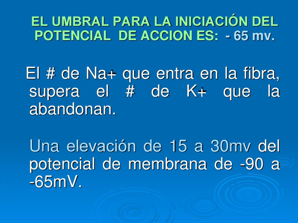 EL UMBRAL PARA LA INICIACIÓN DEL POTENCIAL DE ACCION ES: - 65 mv.