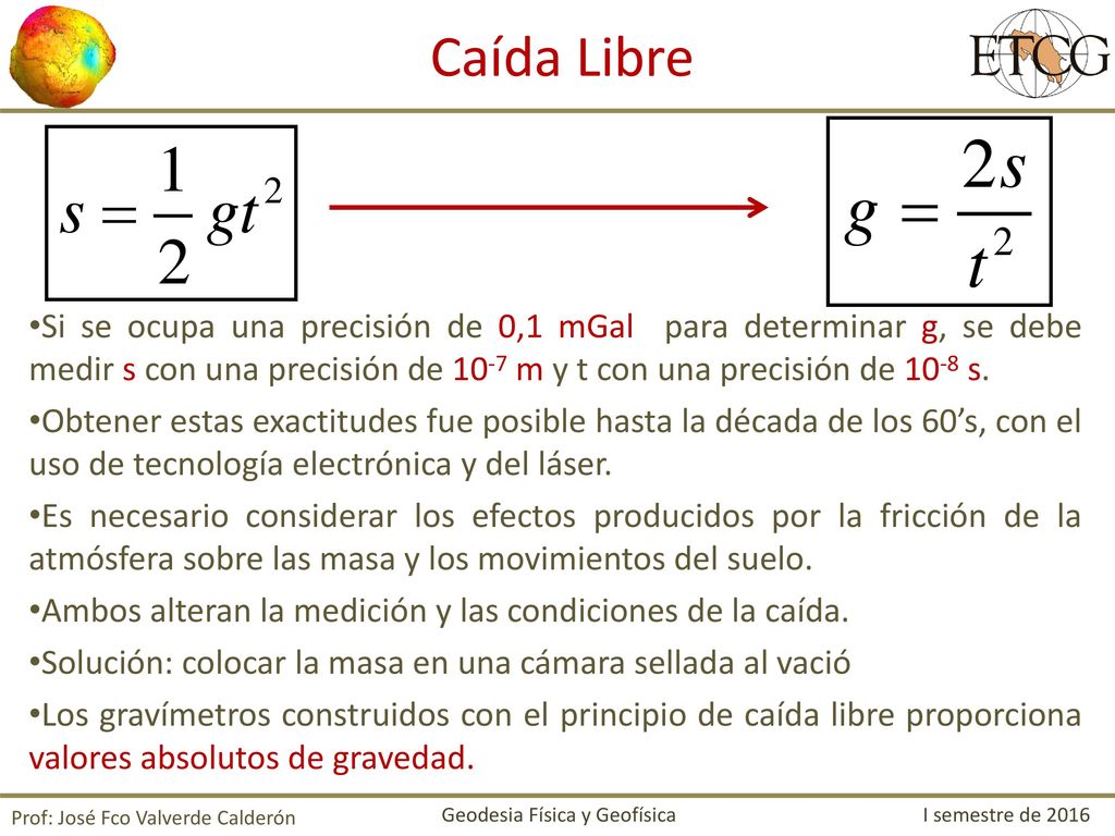 Caída Libre Si se ocupa una precisión de 0,1 mGal para determinar g, se debe medir s con una precisión de 10-7 m y t con una precisión de 10-8 s.