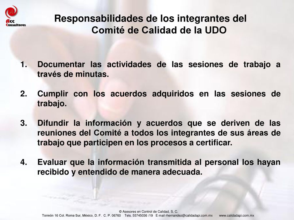 Responsabilidades de los integrantes del Comité de Calidad de la UDO