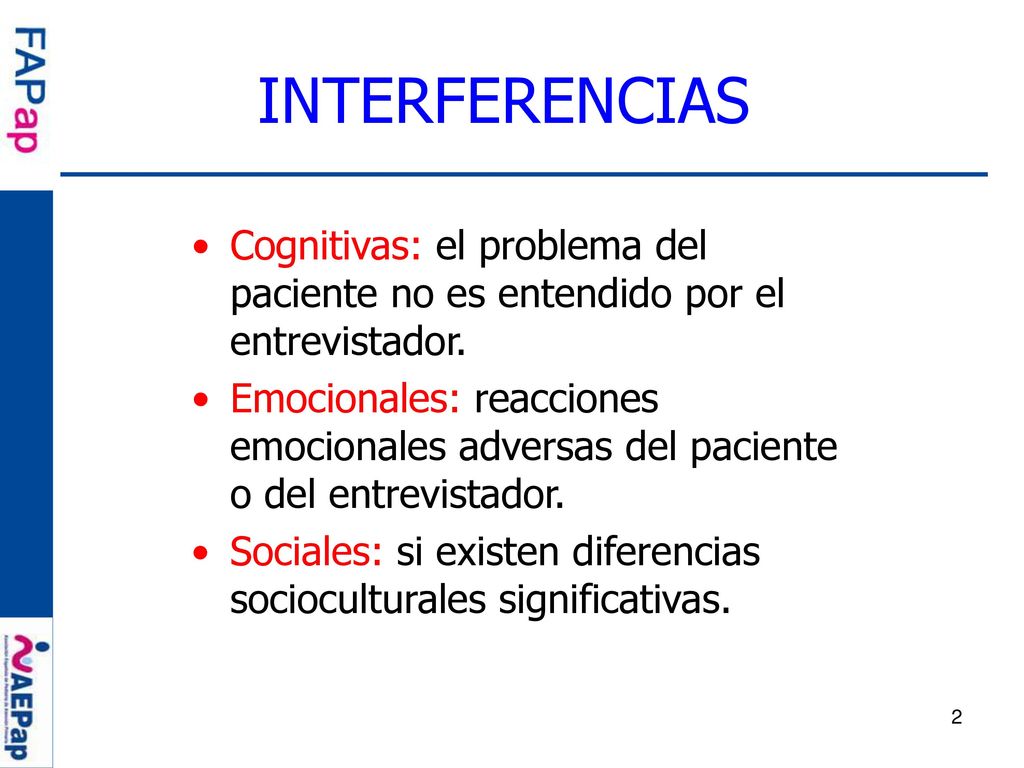 INTERFERENCIAS Cognitivas: el problema del paciente no es entendido por el entrevistador.