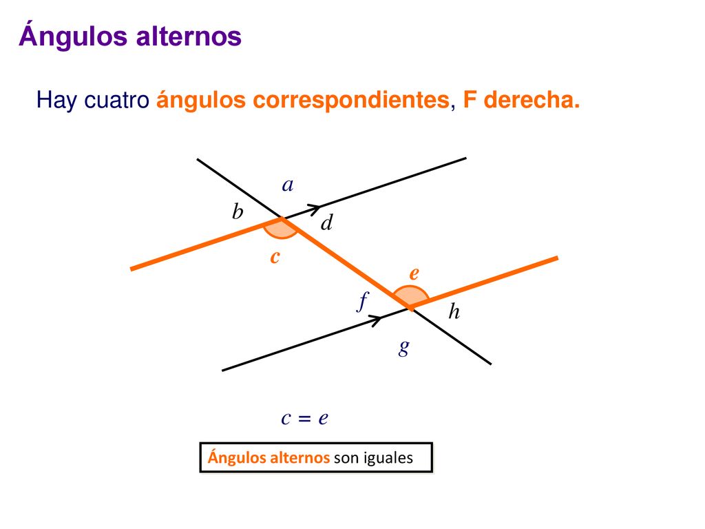 Ángulos alternos Hay cuatro ángulos correspondientes, F derecha. a b d
