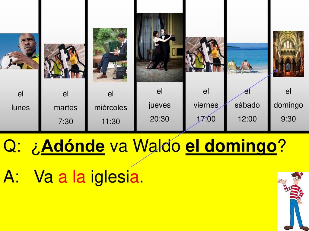 Q: ¿Adónde va Waldo el domingo A: Va a la iglesia.