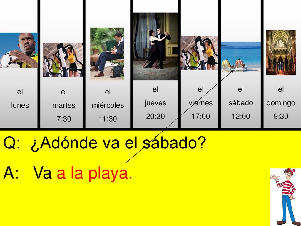 Q: ¿Adónde va el sábado A: Va a la playa. el jueves 20:30 el viernes