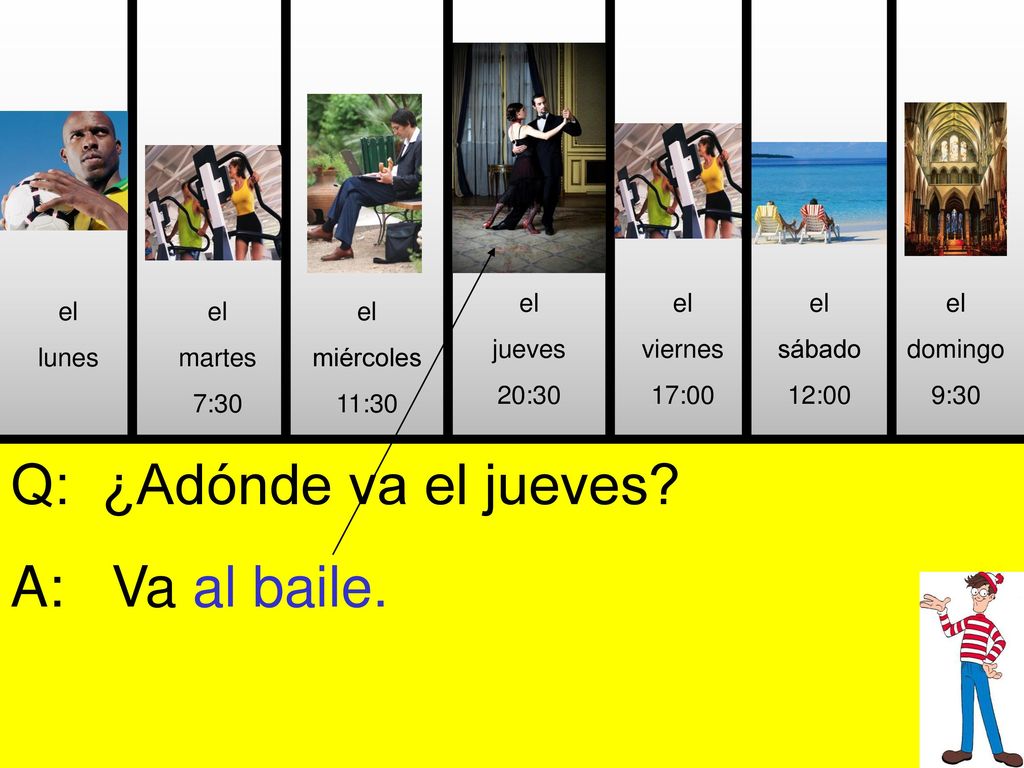 Q: ¿Adónde va el jueves A: Va al baile. el jueves 20:30 el viernes
