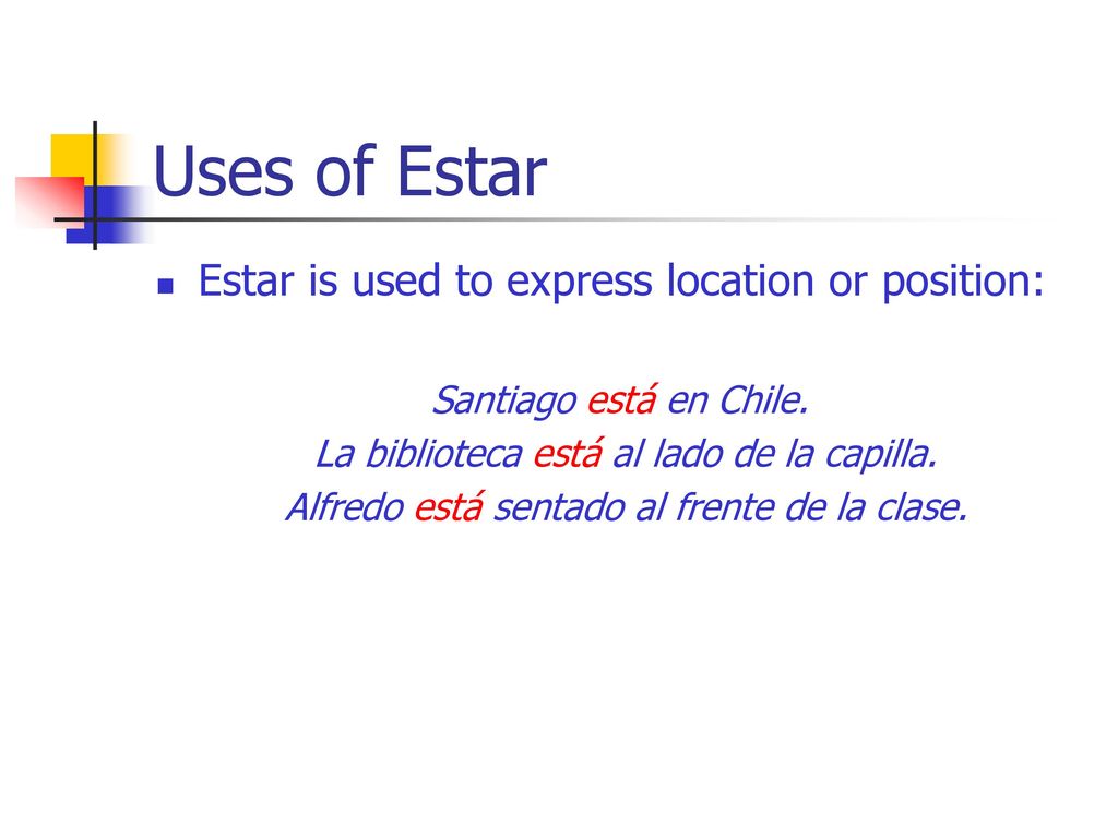 Uses of Estar Estar is used to express location or position: