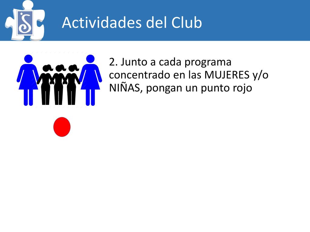 Actividades del Club 2. Junto a cada programa concentrado en las MUJERES y/o NIÑAS, pongan un punto rojo.