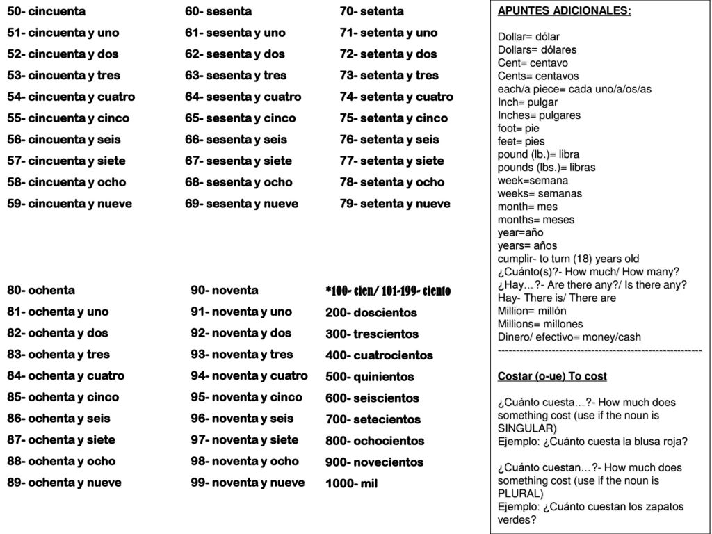 50- cincuenta 51- cincuenta y uno 52- cincuenta y dos