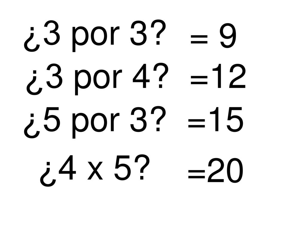¿3 por 3 = 9 ¿3 por 4 =12 ¿5 por 3 =15 ¿4 x 5 =20