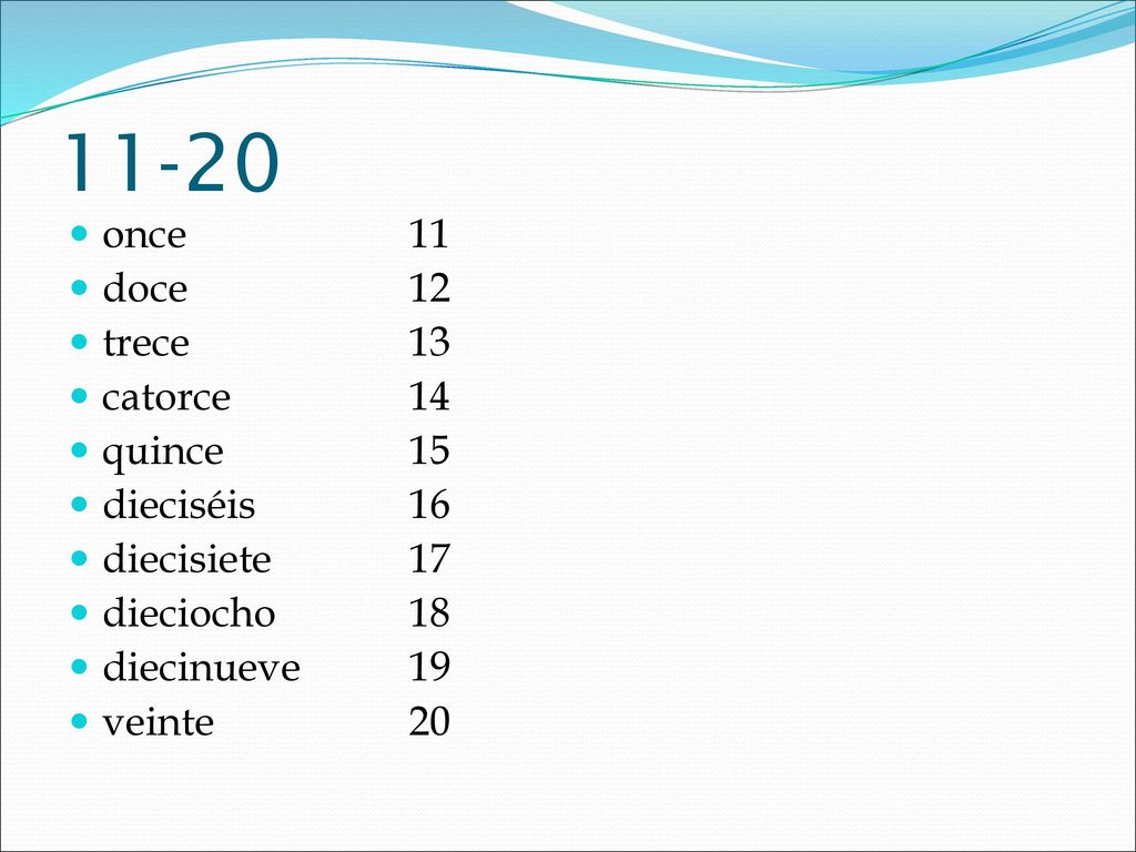 11-20 once 11 doce 12 trece 13 catorce 14 quince 15 dieciséis 16