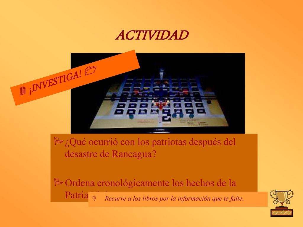 ACTIVIDAD 2 ¡INVESTIGA! 1. ¿Qué ocurrió con los patriotas después del desastre de Rancagua Ordena cronológicamente los hechos de la Patria Vieja.