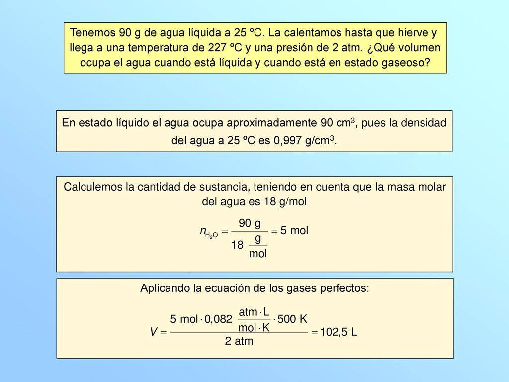 Tenemos 90 g de agua líquida a 25 ºC. La calentamos hasta que hierve y