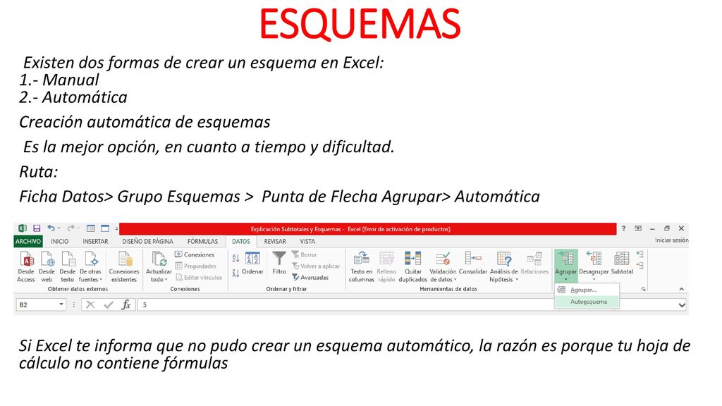 ESQUEMAS Existen dos formas de crear un esquema en Excel: 1.- Manual 2.- Automática. Creación automática de esquemas.