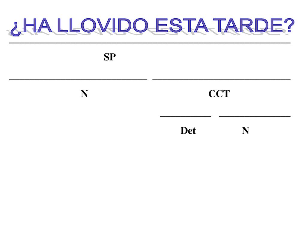 ¿HA LLOVIDO ESTA TARDE _______________________________________________________. SP. ___________________________ ___________________________.