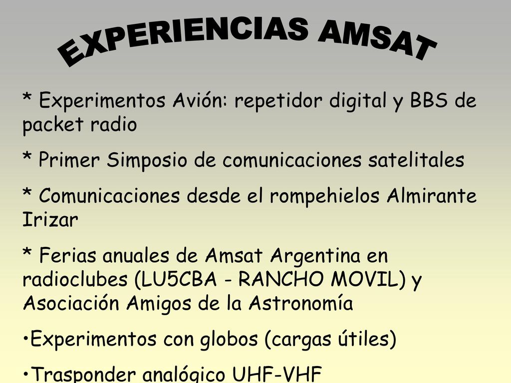 EXPERIENCIAS AMSAT * Experimentos Avión: repetidor digital y BBS de packet radio. * Primer Simposio de comunicaciones satelitales.