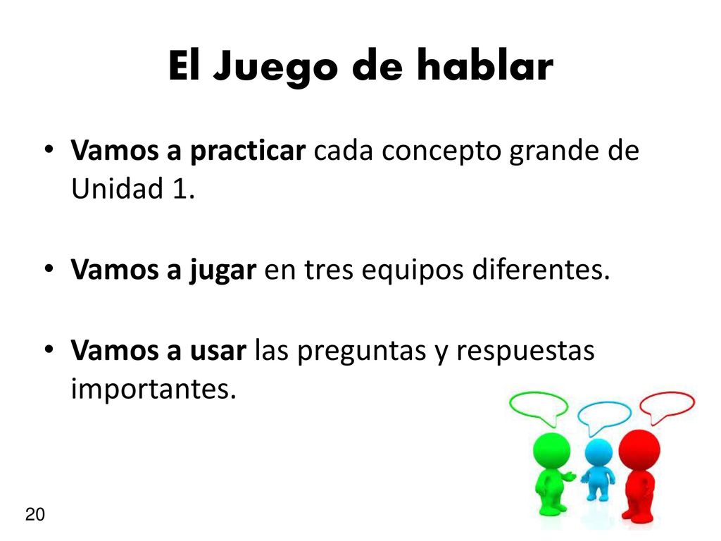 El Juego de hablar Vamos a practicar cada concepto grande de Unidad 1.