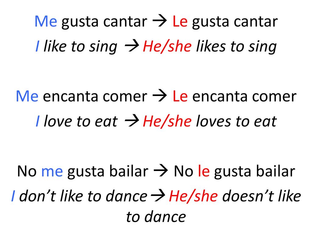Me gusta cantar  Le gusta cantar I like to sing  He/she likes to sing Me encanta comer  Le encanta comer I love to eat  He/she loves to eat No me gusta bailar  No le gusta bailar I don’t like to dance He/she doesn’t like to dance