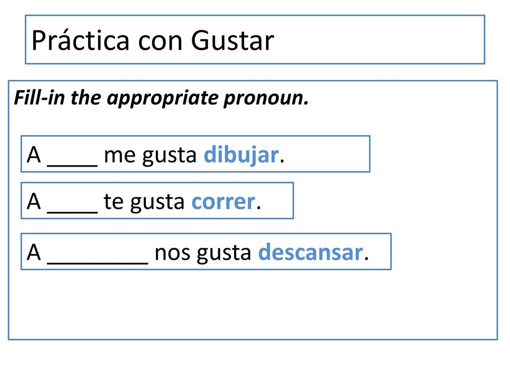Práctica con Gustar A ____ me gusta dibujar. A ____ te gusta correr.