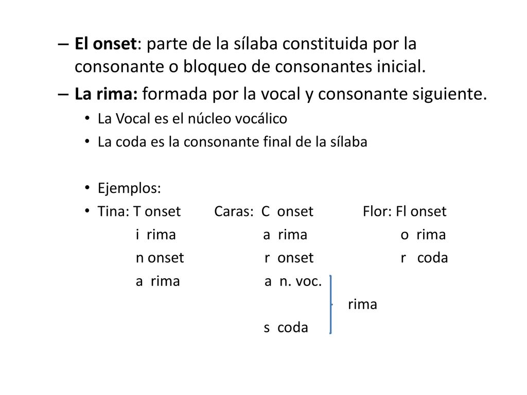 La rima: formada por la vocal y consonante siguiente.