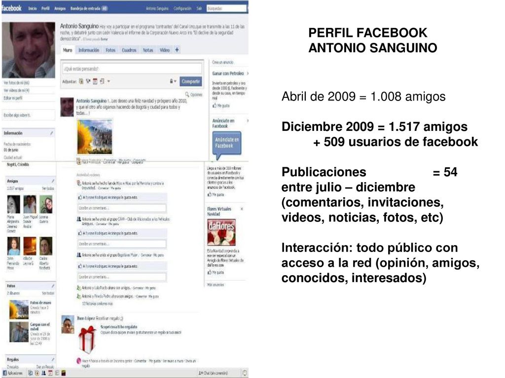 PERFIL FACEBOOK ANTONIO SANGUINO. Abril de 2009 = amigos. Diciembre 2009 = amigos usuarios de facebook.