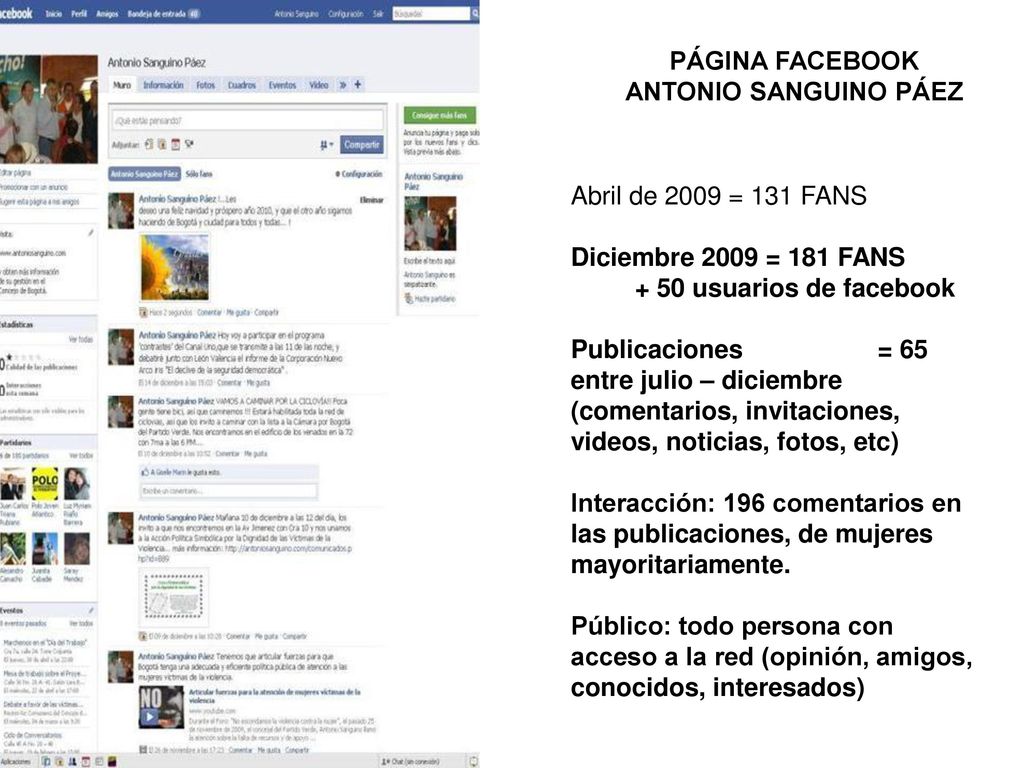 PÁGINA FACEBOOK ANTONIO SANGUINO PÁEZ. Abril de 2009 = 131 FANS. Diciembre 2009 = 181 FANS usuarios de facebook.