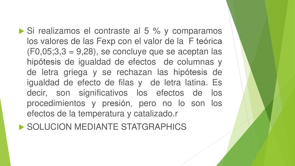 Si realizamos el contraste al 5 % y comparamos los valores de las Fexp con el valor de la F teórica (F0,05;3,3 = 9,28), se concluye que se aceptan las hipótesis de igualdad de efectos de columnas y de letra griega y se rechazan las hipótesis de igualdad de efecto de filas y de letra latina. Es decir, son significativos los efectos de los procedimientos y presión, pero no lo son los efectos de la temperatura y catalizado.r