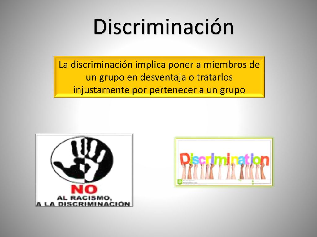Discriminación La discriminación implica poner a miembros de un grupo en desventaja o tratarlos injustamente por pertenecer a un grupo.