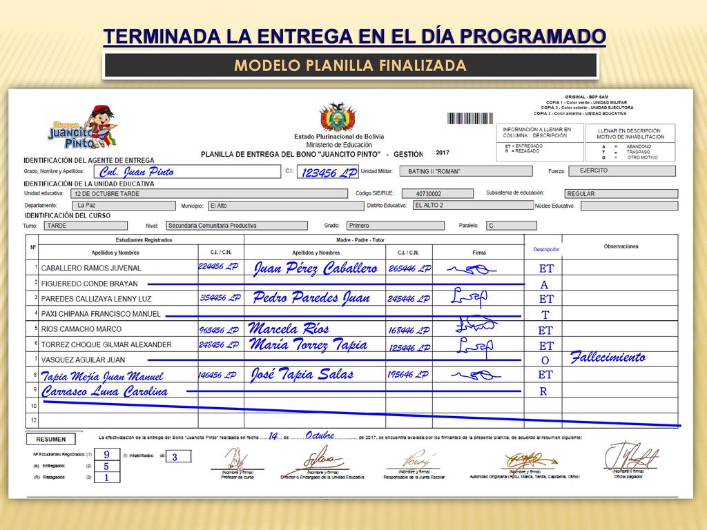 TERMINADA LA ENTREGA EN EL DÍA PROGRAMADO MODELO PLANILLA FINALIZADA