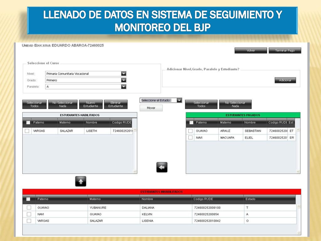 LLENADO DE DATOS EN SISTEMA DE SEGUIMIENTO Y MONITOREO DEL BJP