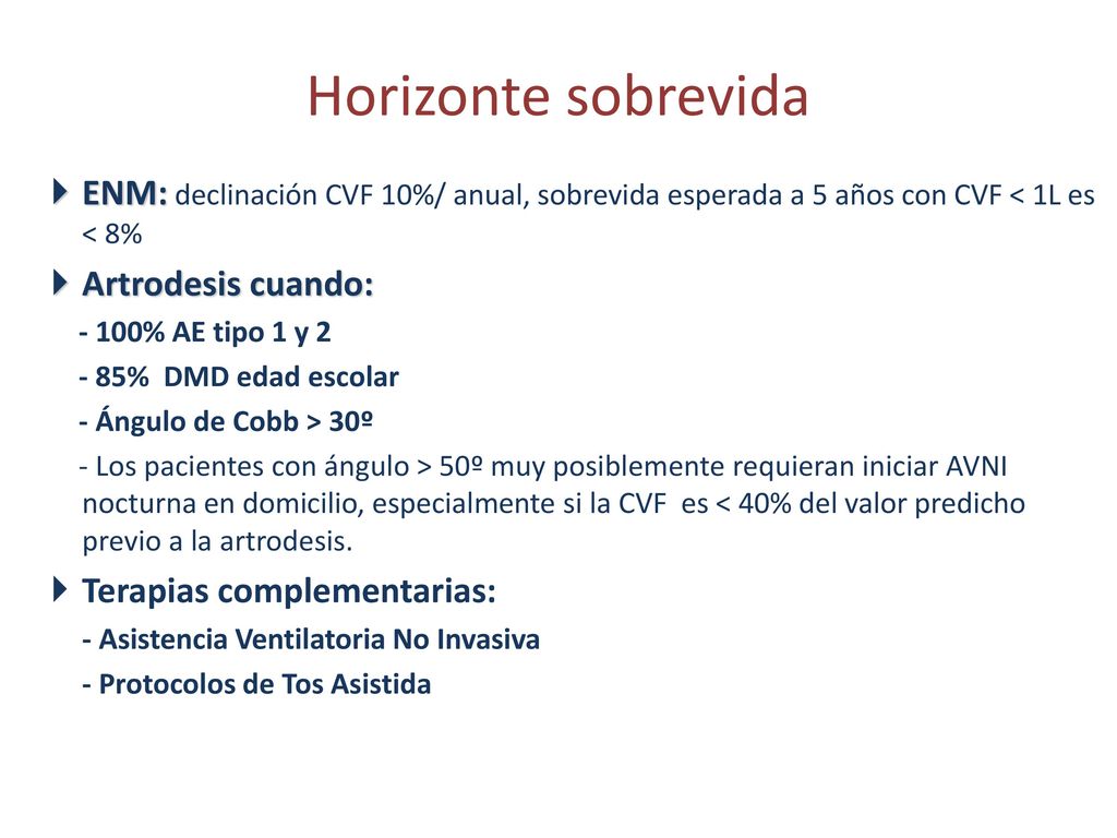Horizonte sobrevida ENM: declinación CVF 10%/ anual, sobrevida esperada a 5 años con CVF < 1L es < 8%