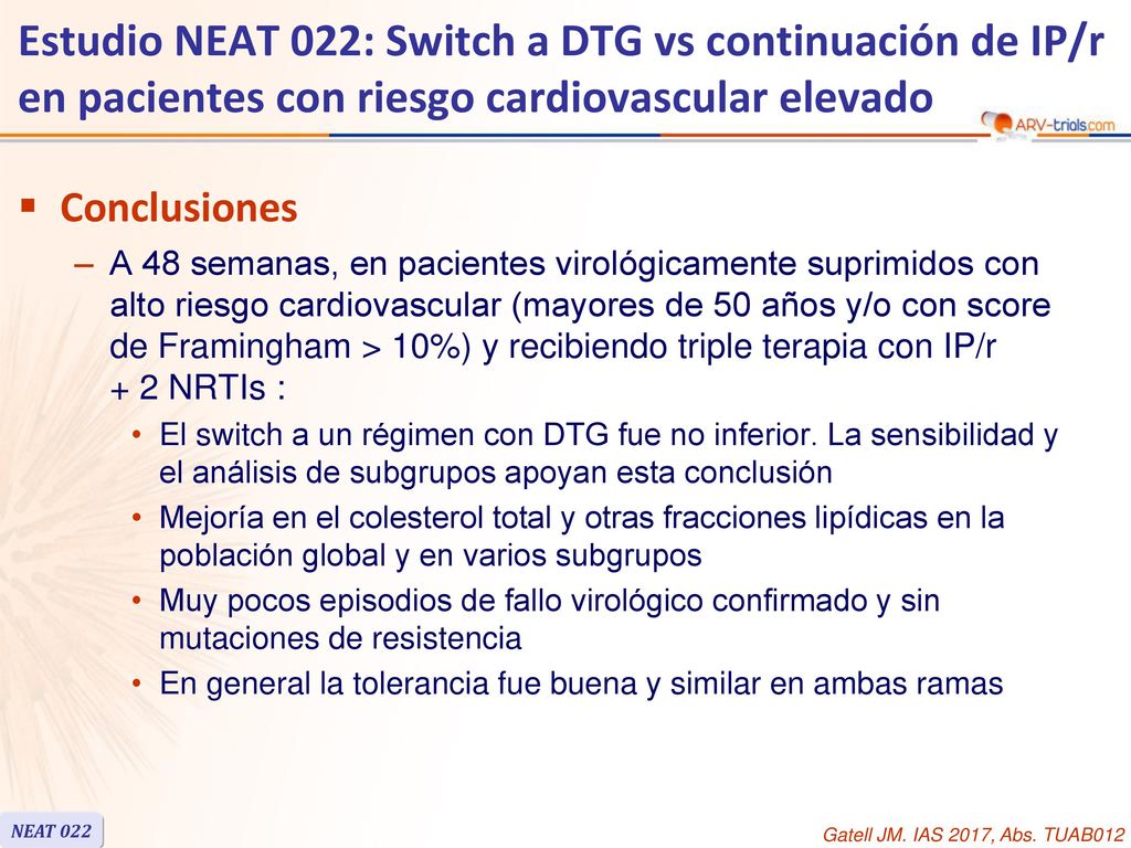Estudio NEAT 022: Switch a DTG vs continuación de IP/r en pacientes con riesgo cardiovascular elevado