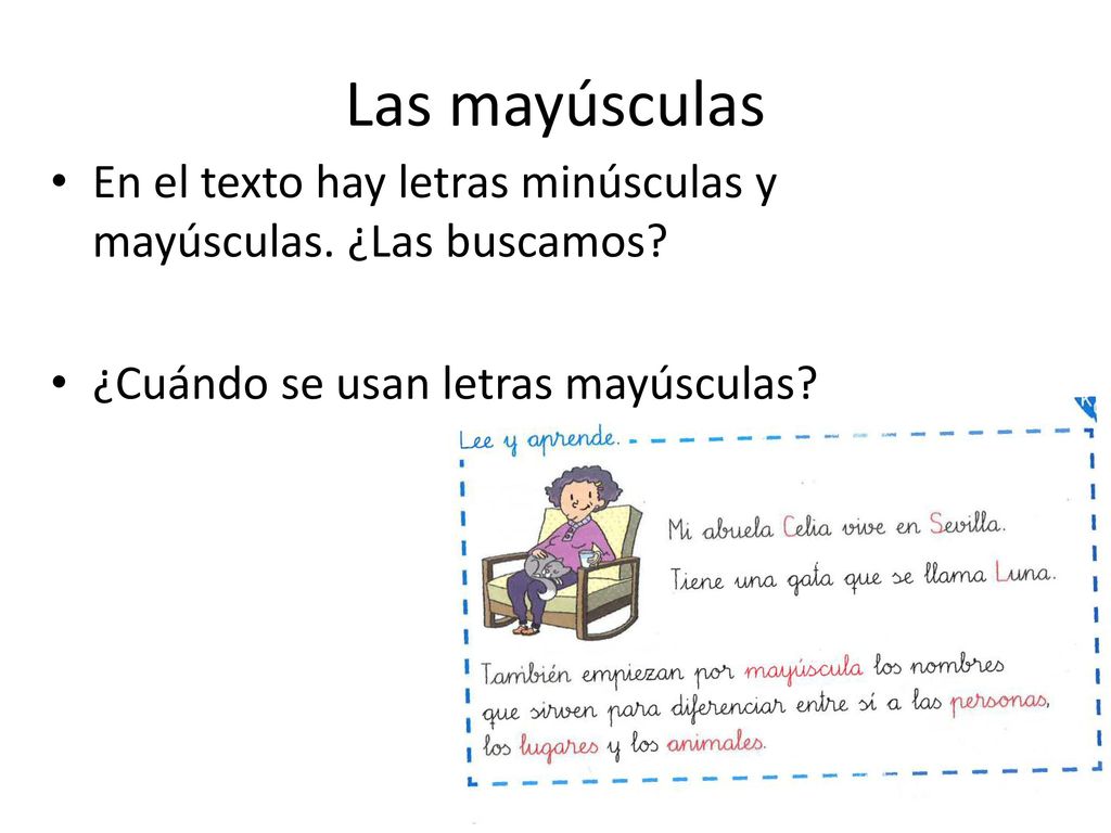 Las mayúsculas En el texto hay letras minúsculas y mayúsculas.