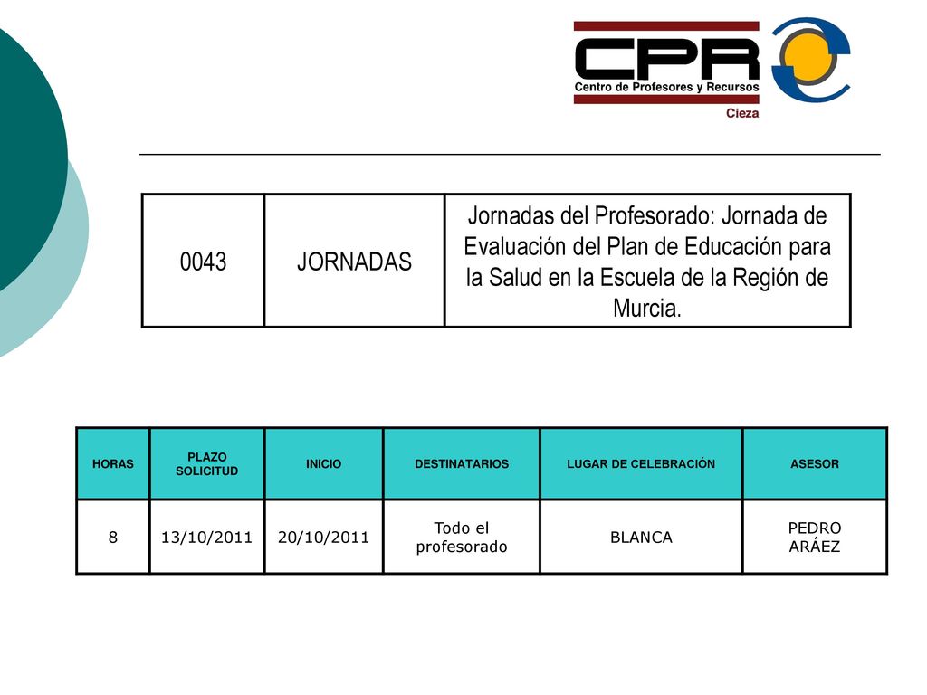 0043 JORNADAS. Jornadas del Profesorado: Jornada de Evaluación del Plan de Educación para la Salud en la Escuela de la Región de Murcia.