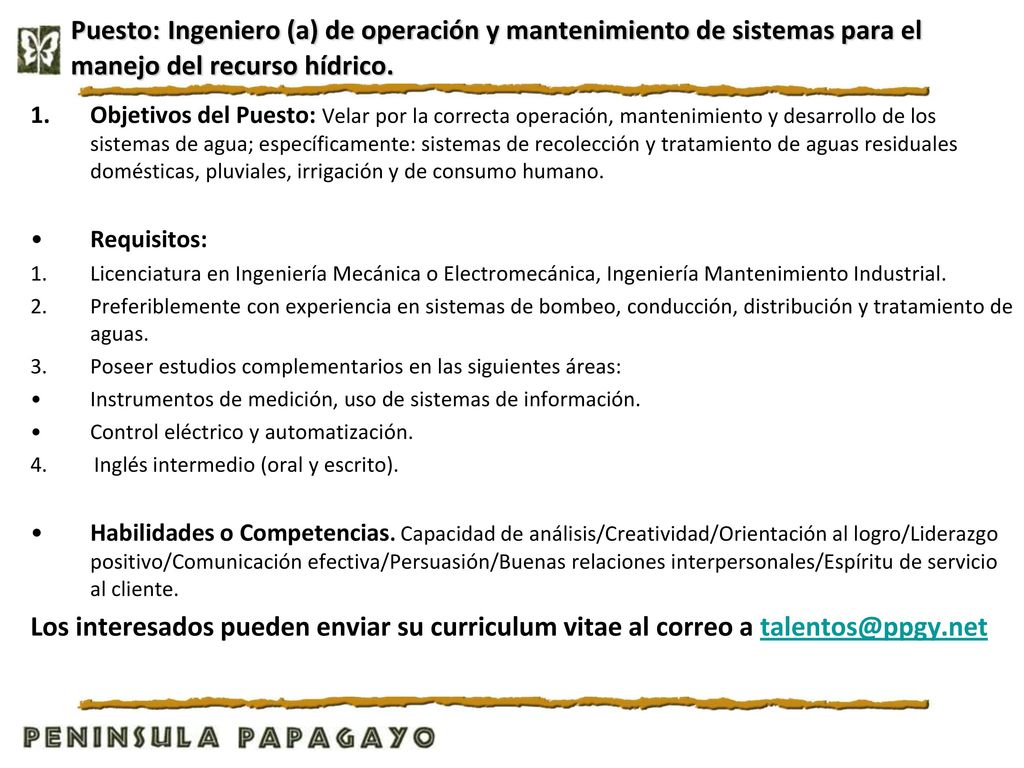 Puesto: Ingeniero (a) de operación y mantenimiento de sistemas para el manejo del recurso hídrico.