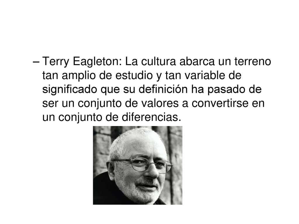 Terry Eagleton: La cultura abarca un terreno tan amplio de estudio y tan variable de significado que su definición ha pasado de ser un conjunto de valores a convertirse en un conjunto de diferencias.