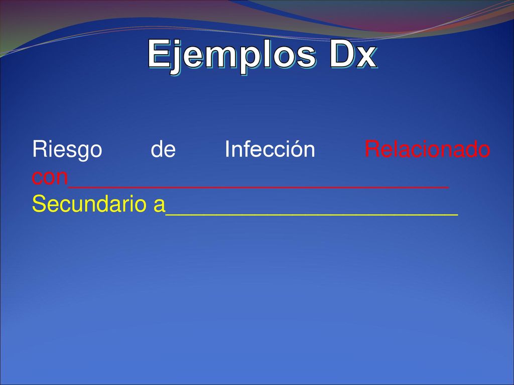 Ejemplos Dx Riesgo de Infección Relacionado con______________________________ Secundario a_______________________.