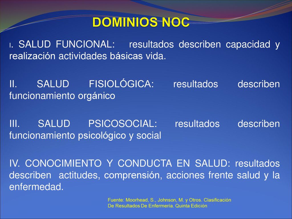 DOMINIOS NOC I. SALUD FUNCIONAL: resultados describen capacidad y realización actividades básicas vida.