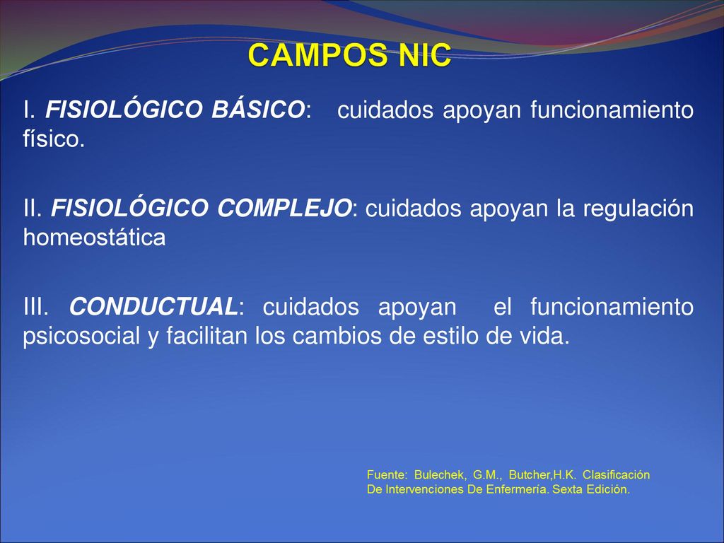 CAMPOS NIC I. FISIOLÓGICO BÁSICO: cuidados apoyan funcionamiento físico. II. FISIOLÓGICO COMPLEJO: cuidados apoyan la regulación homeostática.