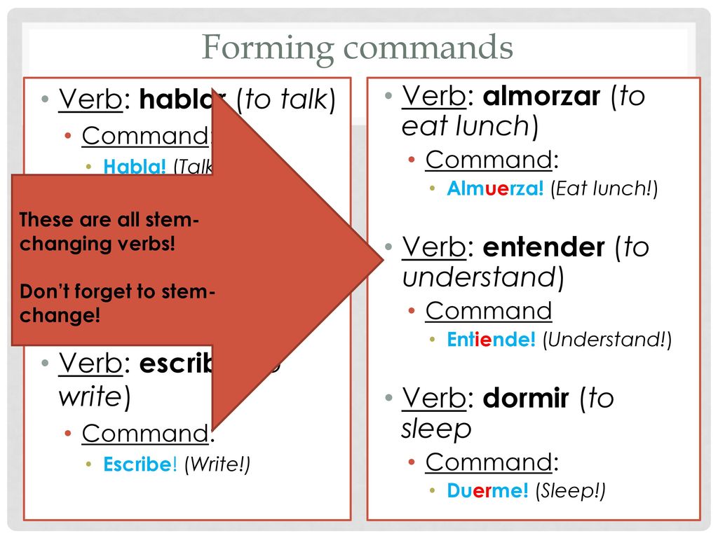 Forming commands Verb: hablar (to talk) Verb: comer (to eat)