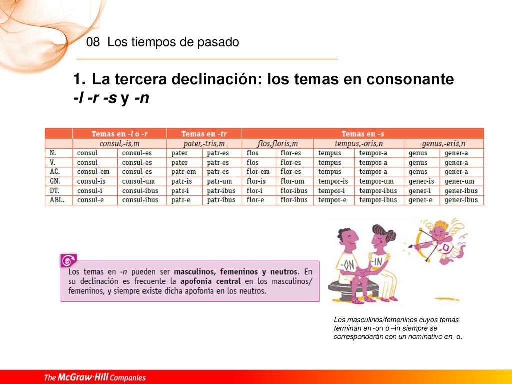 La tercera declinación: los temas en consonante -l -r -s y -n