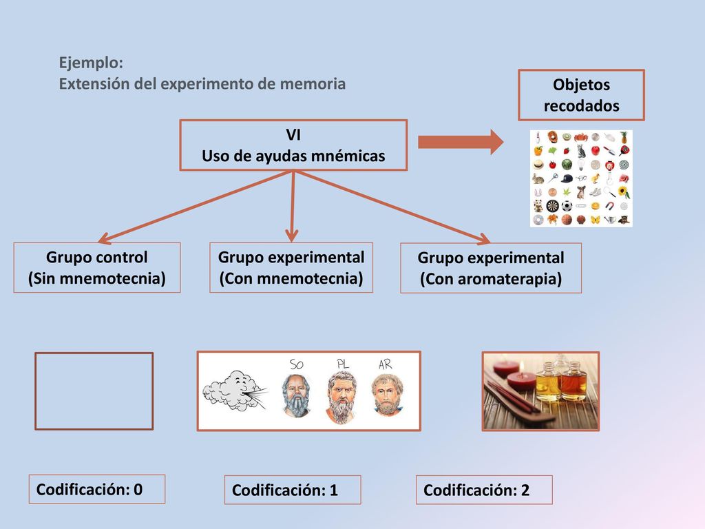 Ejemplo: Extensión del experimento de memoria. Objetos recodados. VI. Uso de ayudas mnémicas. Grupo control.